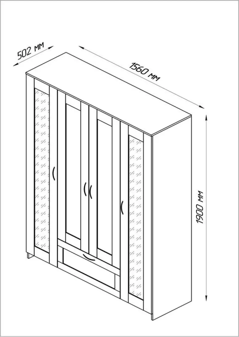 СИРИУС шкаф 4 двери и 1 ящик 156х59х220 белый RU (с 2 зеркалами)